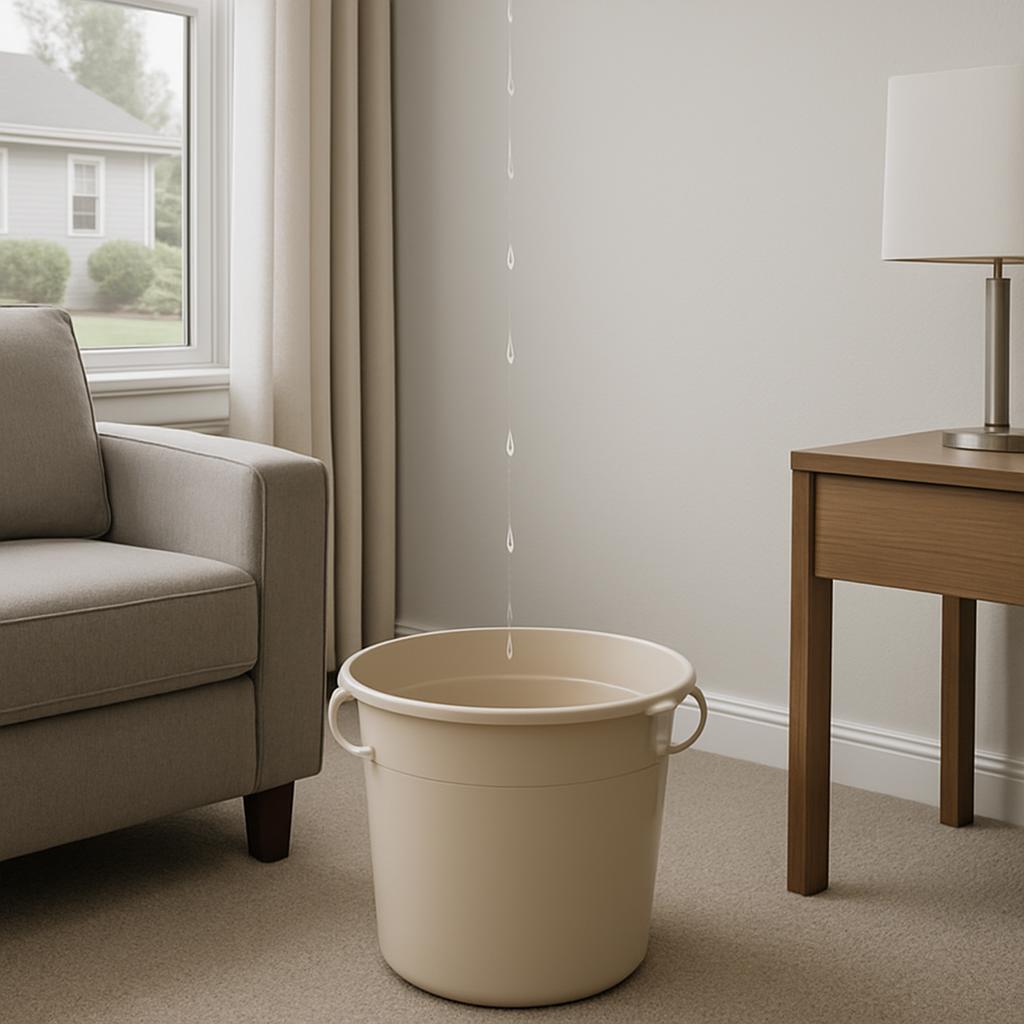 A bucket sitting on a carpeted floor, with a stream of water pouring into it from above.
