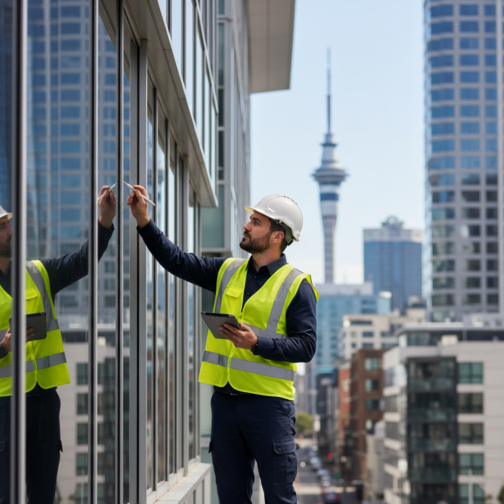 Professional building maintenance technician in a high-visibility vest inspecting the exterior of a modern commercial building in Auckland. Clean, bright natural lighting, sharp focus, photorealistic style.